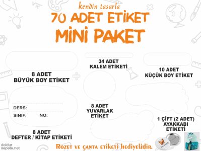 Okul Etiketi Mini Set, 70 Adet Etiket